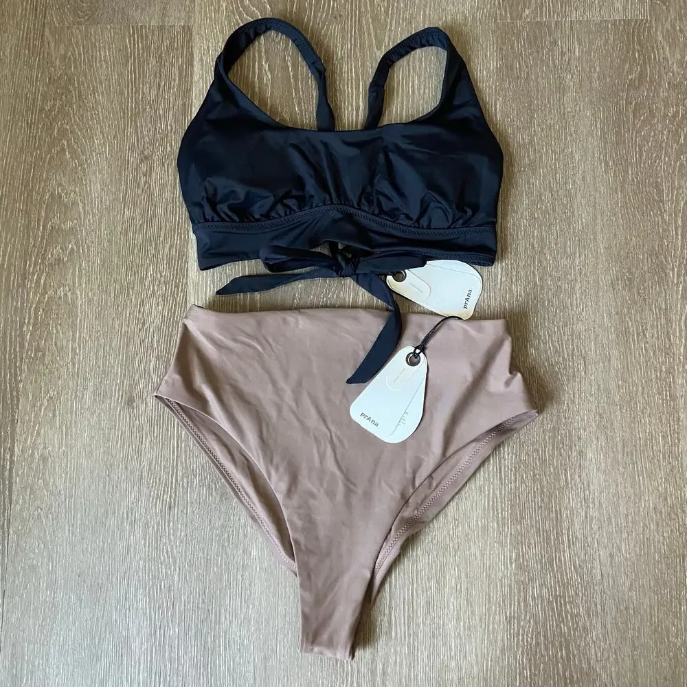 Prana Mallorca Swim Top & Lahari High Rise Bottom Size S Black Brown Bikini Set